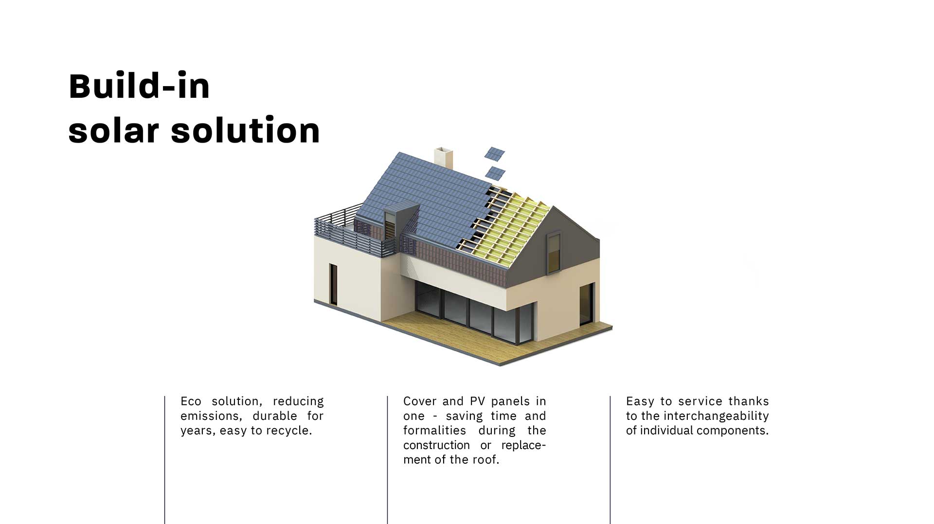 Built-in solar solution - Eco solution, reducing emissions, durable for years, easy to recycle. Cover and PV panels in one - saving time and formalities during the construction or replacement of the roof. Easy to service thanks to the interchangeability of individual components.